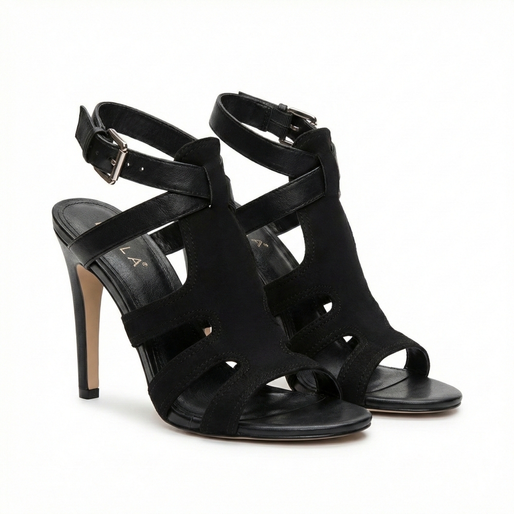 Isola Black Heels Woven Straps Ankle Closure